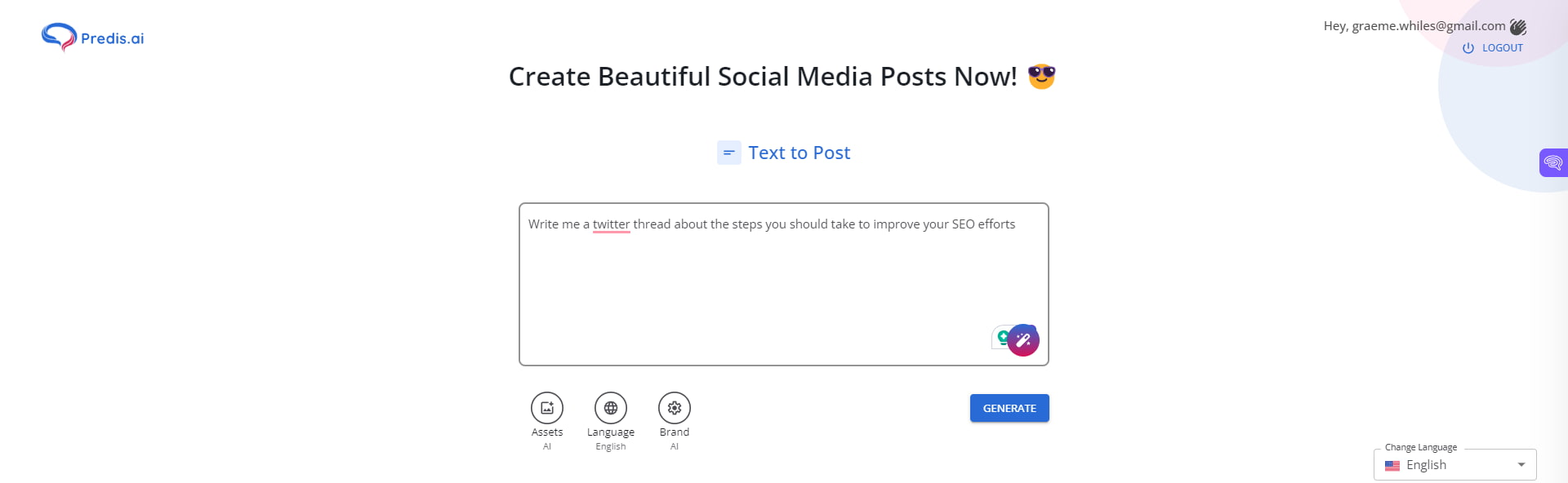 Predis AI social media generator Dashboard